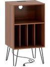 Walnut record player stand with charging station, featuring 2 AC outlets, USB ports, and vinyl storage compartments.