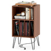 Record player stand in walnut finish with charging station, vinyl storage, and metal legs for stability and style.
