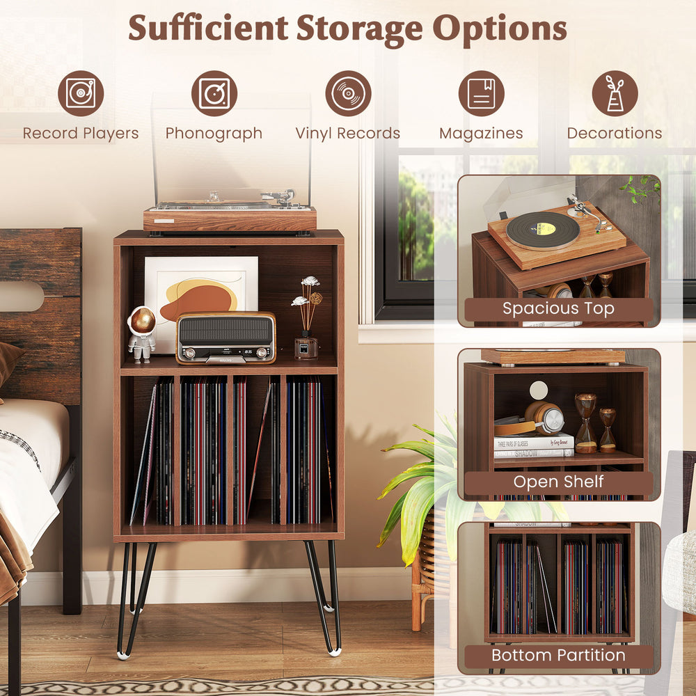 Record player stand with walnut finish, featuring spacious top and compartments for vinyl storage and built-in charging.