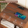 Record player stand in walnut finish with built-in charging station, featuring AC outlets and USB ports for convenient.