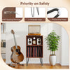 Record player stand in walnut with charging station, vinyl storage, and anti-tipping devices for stability and safety.