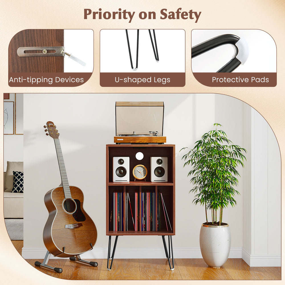 Record player stand in walnut with charging station, vinyl storage, and anti-tipping devices for stability and safety.
