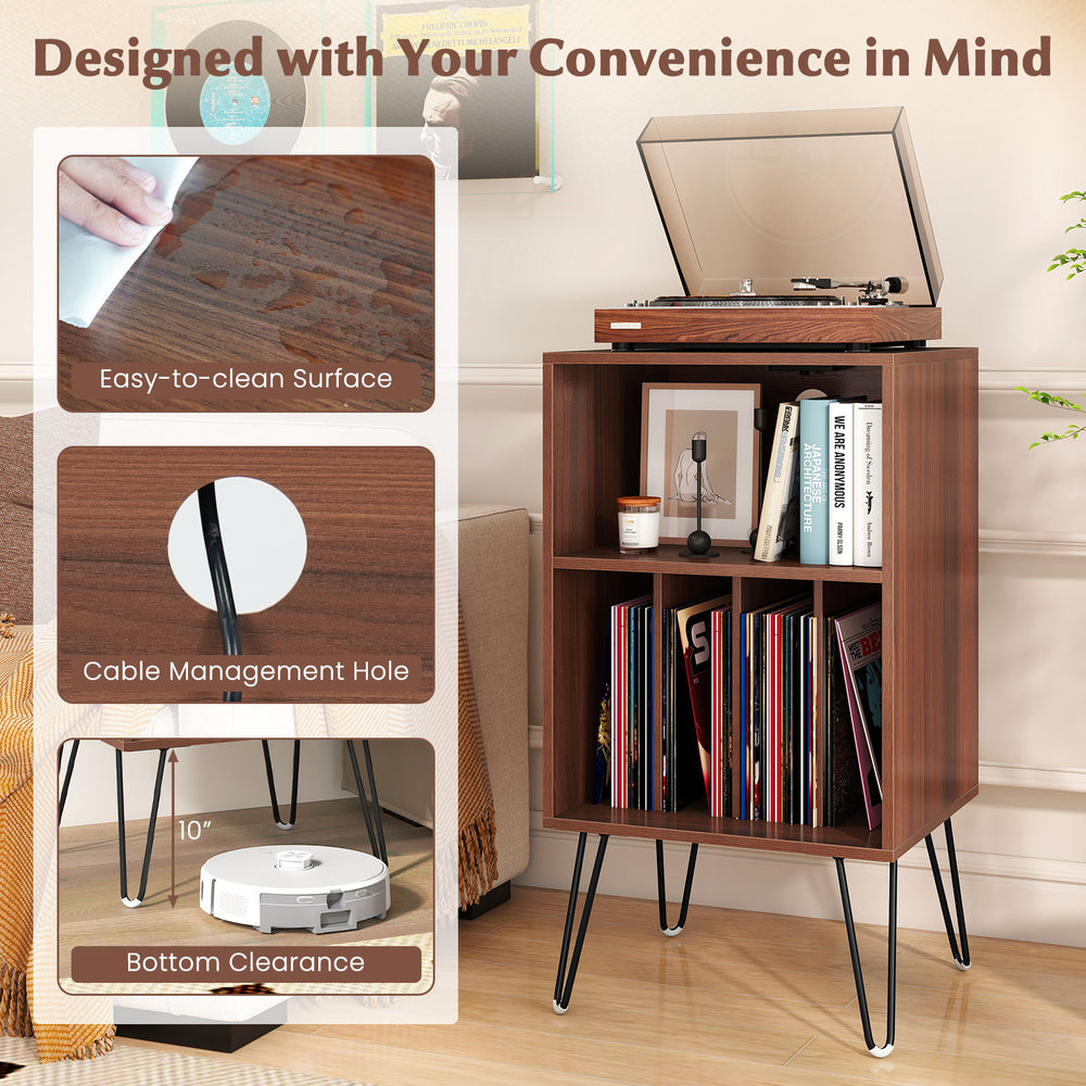 Record player stand in walnut with charging station, vinyl storage, and cable management for versatile use.