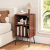 Walnut record player stand with charging station, featuring multiple storage compartments and sturdy metal legs for.