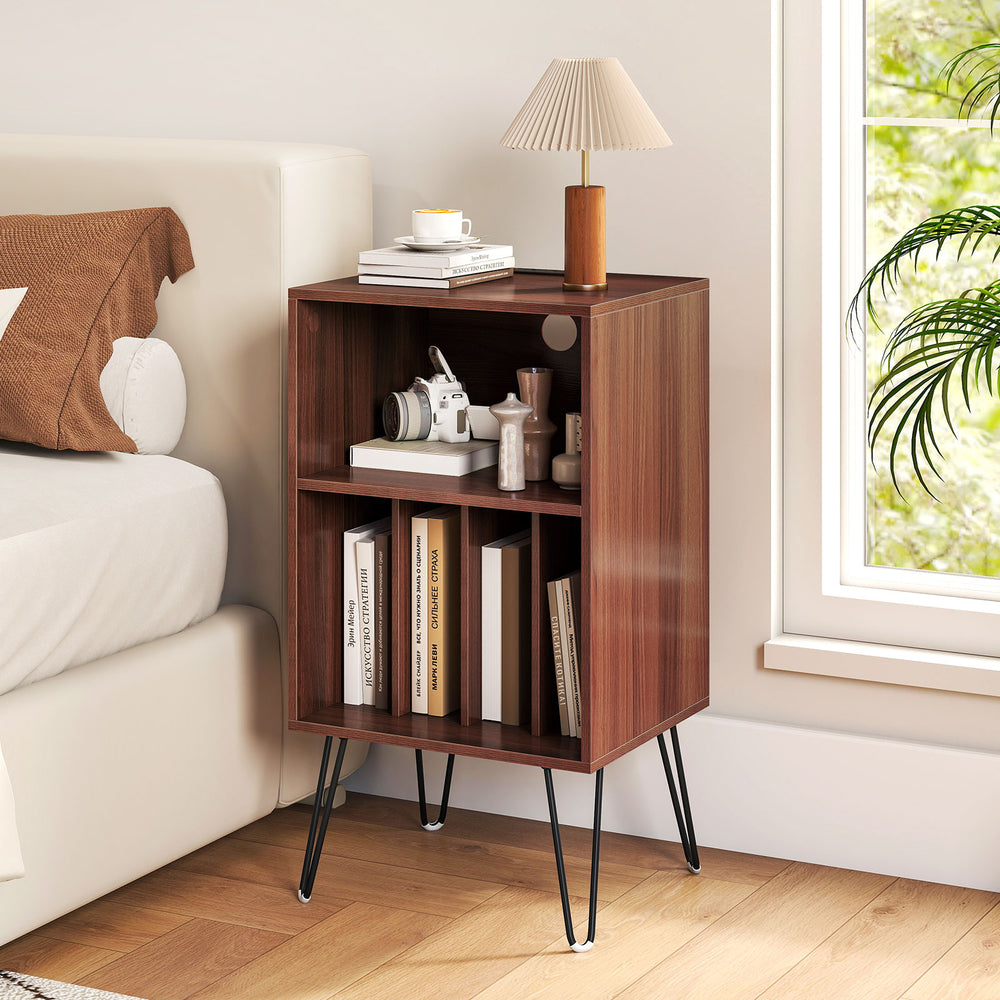 Walnut record player stand with charging station, featuring multiple storage compartments and sturdy metal legs for.