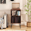 Record player stand in walnut with charging station, vinyl storage, and metal legs, ideal for living room organization.
