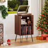 Walnut record player stand with spacious tabletop, vinyl storage, and anti-tipping kits, perfect for versatile.