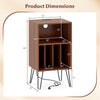 Record player stand dimensions with walnut finish, featuring compartments, charging station, and robust metal legs.