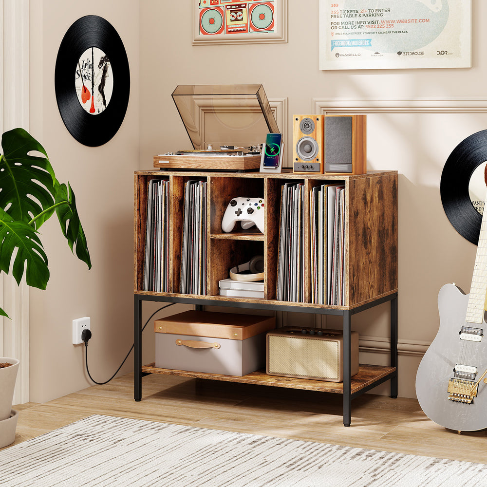 Record Player Stand with Charging Station and Metal Frame-Rustic Brown - Gallery View 1 of 10