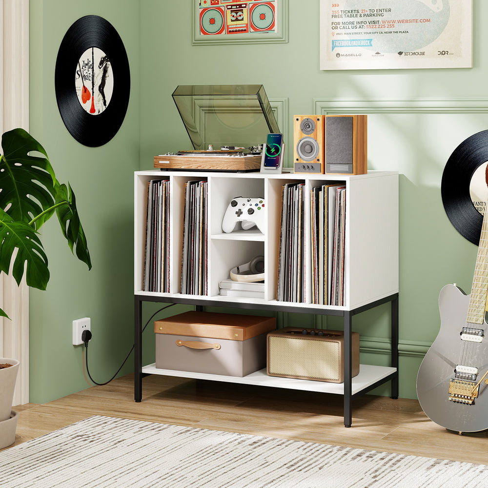 Record player stand with charging station, metal frame, and storage for vinyl records, perfect for home organization.