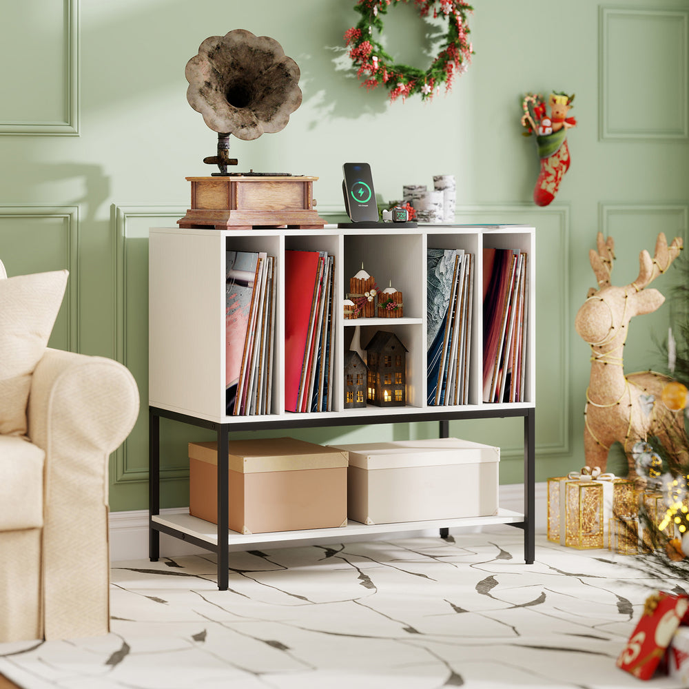 Record player stand with charging station, white finish, metal frame, featuring organized storage for records and decor.