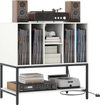 Record player stand with charging station, white finish, metal frame, featuring storage for vinyl records and cable.