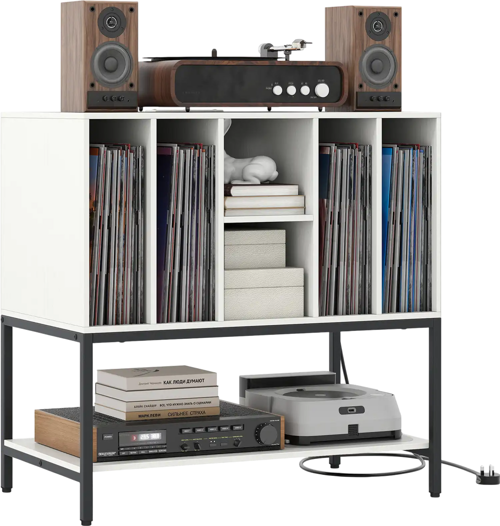 Record player stand with charging station, white finish, metal frame, featuring storage for vinyl records and cable.
