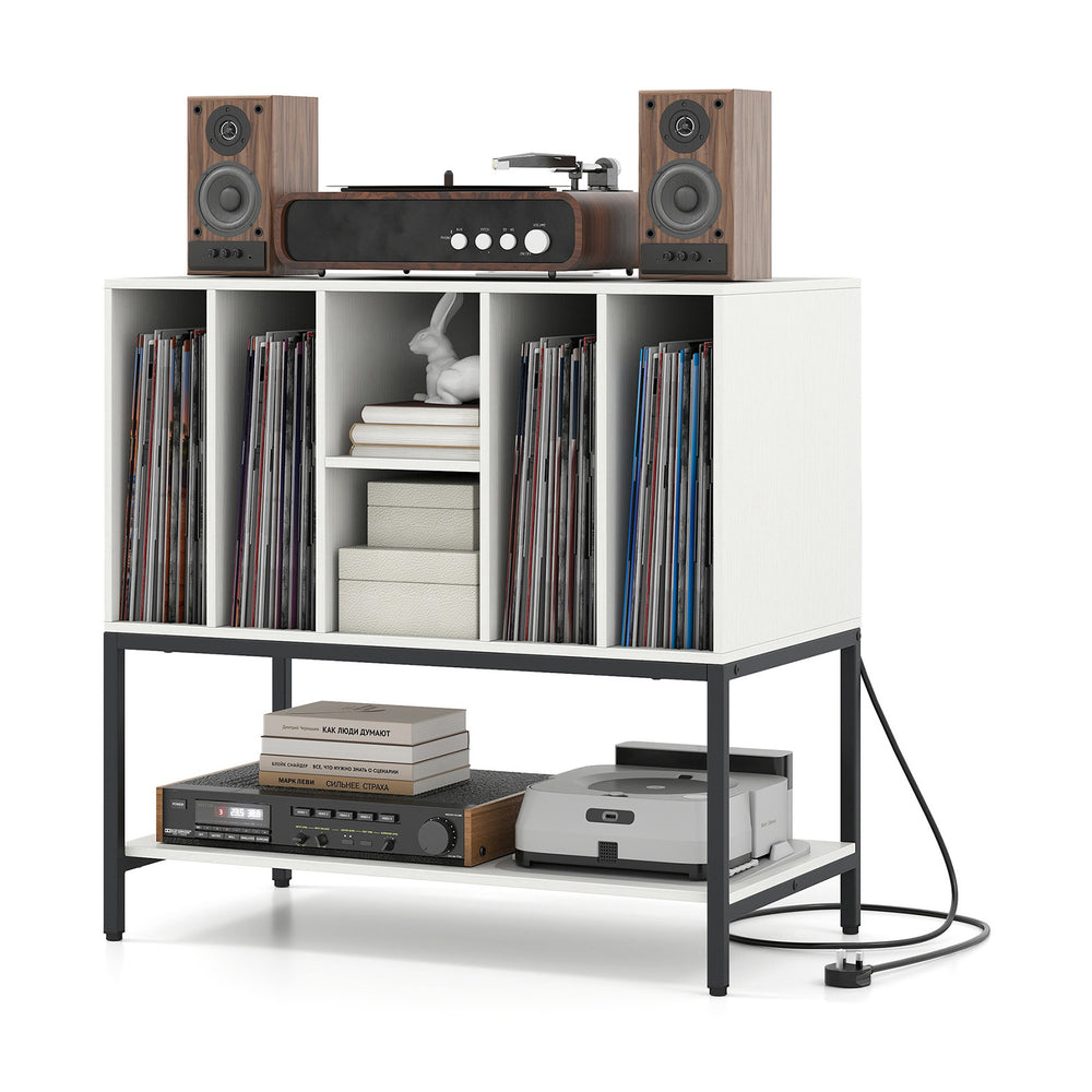 Record player stand with charging station, white finish, metal frame, and storage for vinyl records and devices.