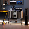 Record player stand with charging station, featuring a white finish and metal frame, ideal for organized storage and.