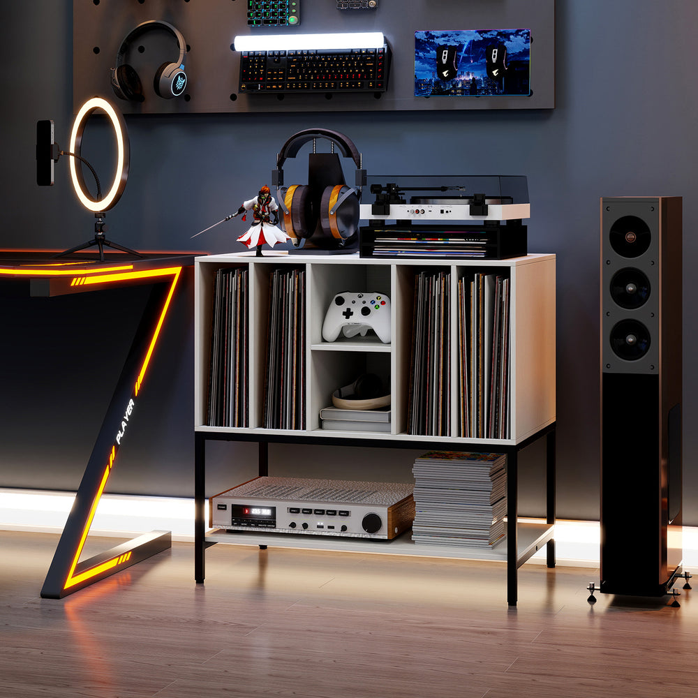 Record player stand with charging station, featuring a white finish and metal frame, ideal for organized storage and.