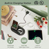 Record player stand with built-in charging station, featuring a white metal frame and cable management for organized.