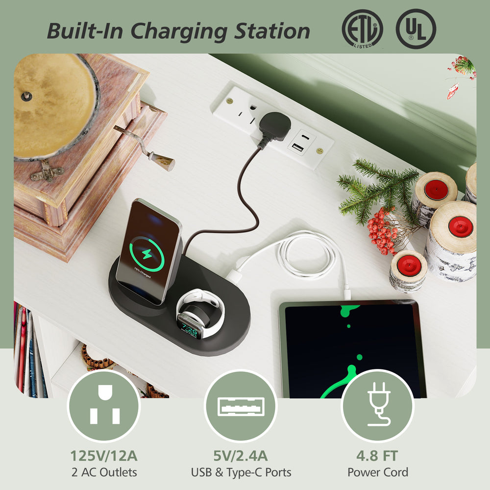 Record player stand with built-in charging station, featuring a white metal frame and cable management for organized.