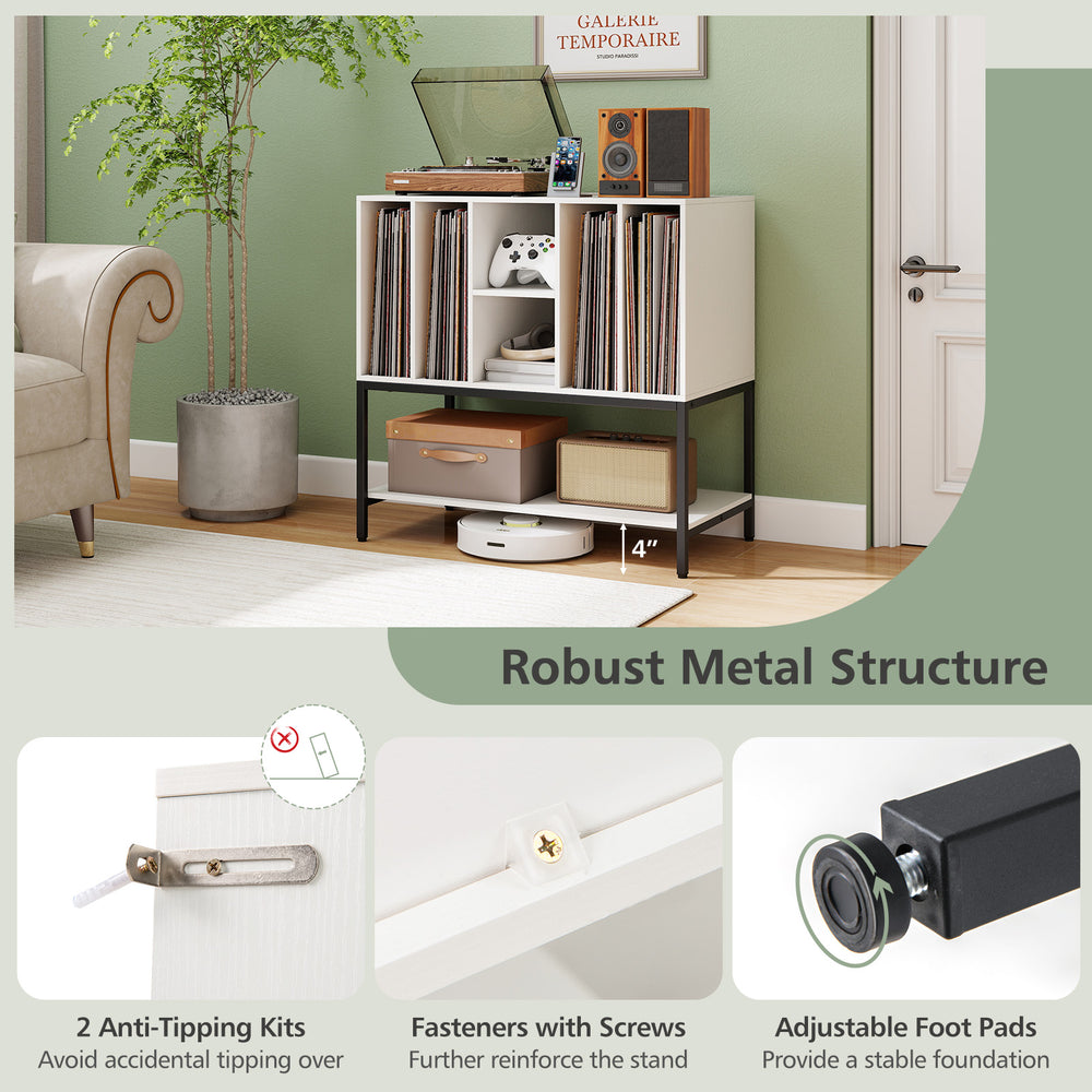 Record player stand with charging station, white metal frame, adjustable foot pads, ideal for organized storage.