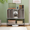 Record player stand with charging station, white metal frame, and organized storage for vinyl records and devices.