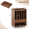 Record player stand in walnut with 5 vinyl dividers, slide-out drawer, and rolling wheels for easy mobility.