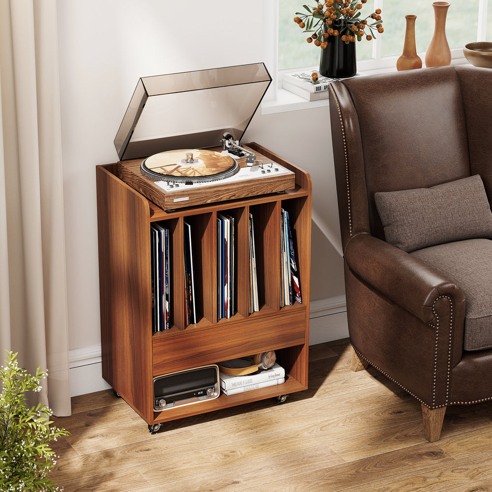 Record Player Stand Turntable Stand with Drawer and Record Holder-Walnut - Gallery View 1 of 10