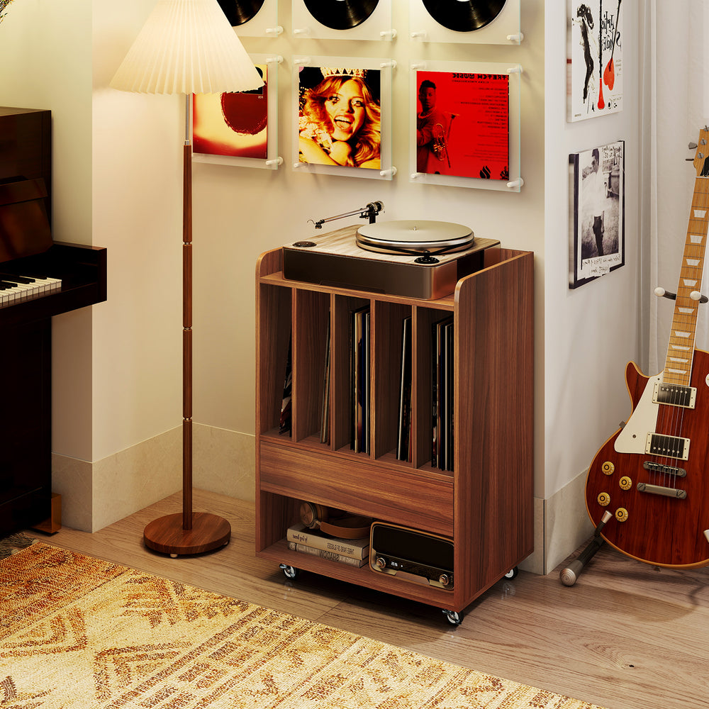 Record player stand in walnut finish with drawer and vinyl storage, ideal for living room or bedroom use.