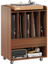 Record player stand in walnut with smooth rolling wheels, featuring a spacious top for a turntable and an organized.