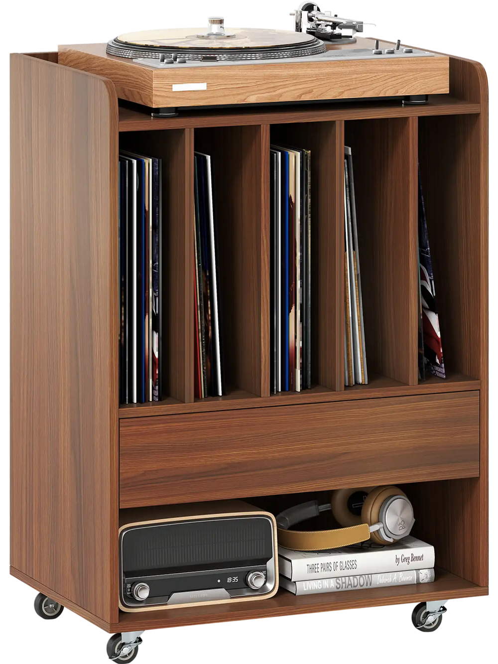 Record player stand in walnut with smooth rolling wheels, featuring a spacious top for a turntable and an organized.