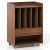 Record player stand in walnut with 5 dividers, a drawer, and wheels for easy movement, perfect for vinyl storage.