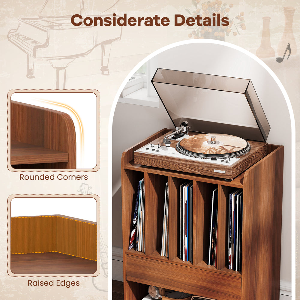 Record player stand in walnut finish featuring rounded corners and raised edges, ideal for vinyl storage and easy.