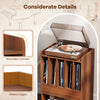 Record player stand in walnut finish featuring rounded corners and raised edges, ideal for vinyl storage and easy.