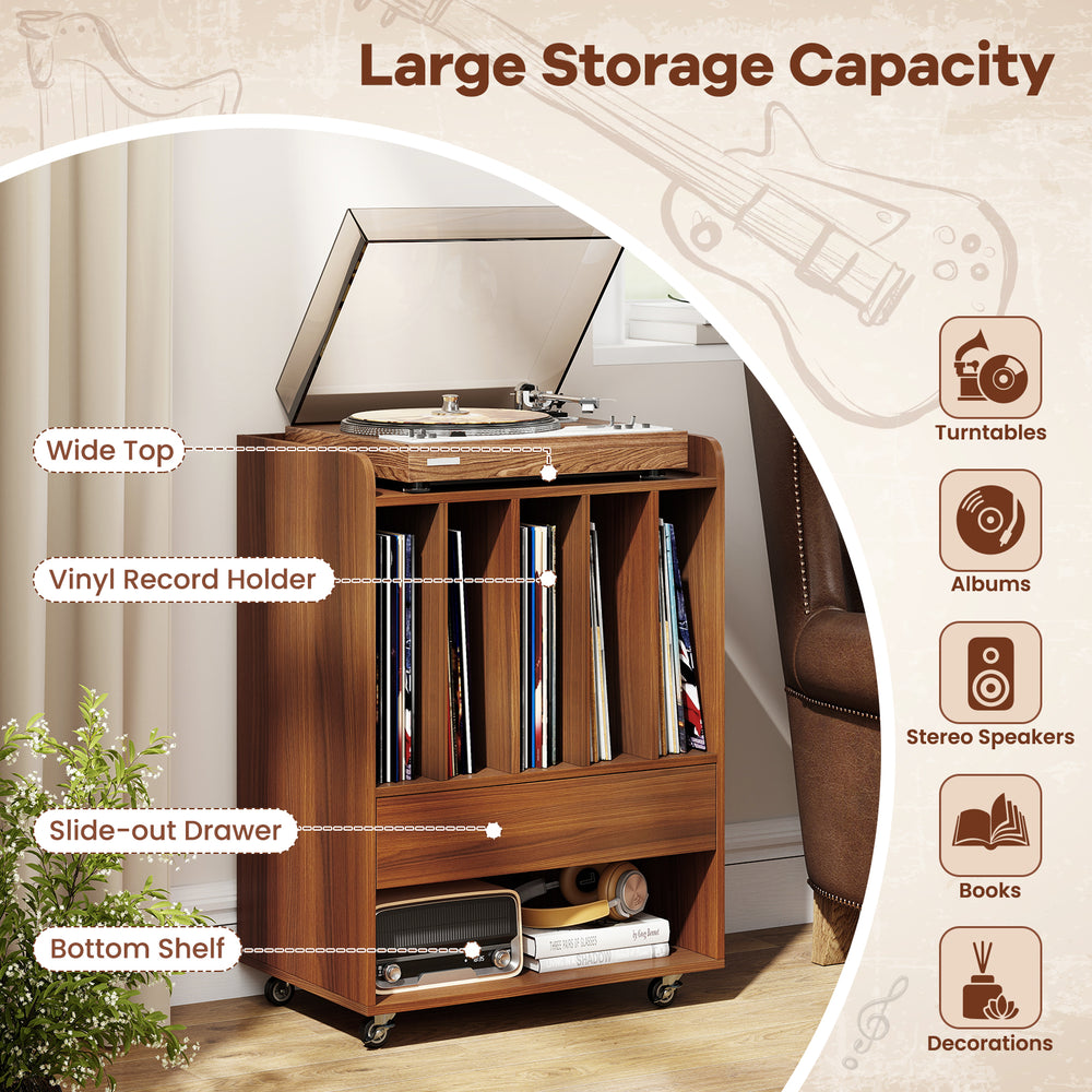 Record player stand in walnut with wide top, vinyl record holder, and slide-out drawer for organized storage.