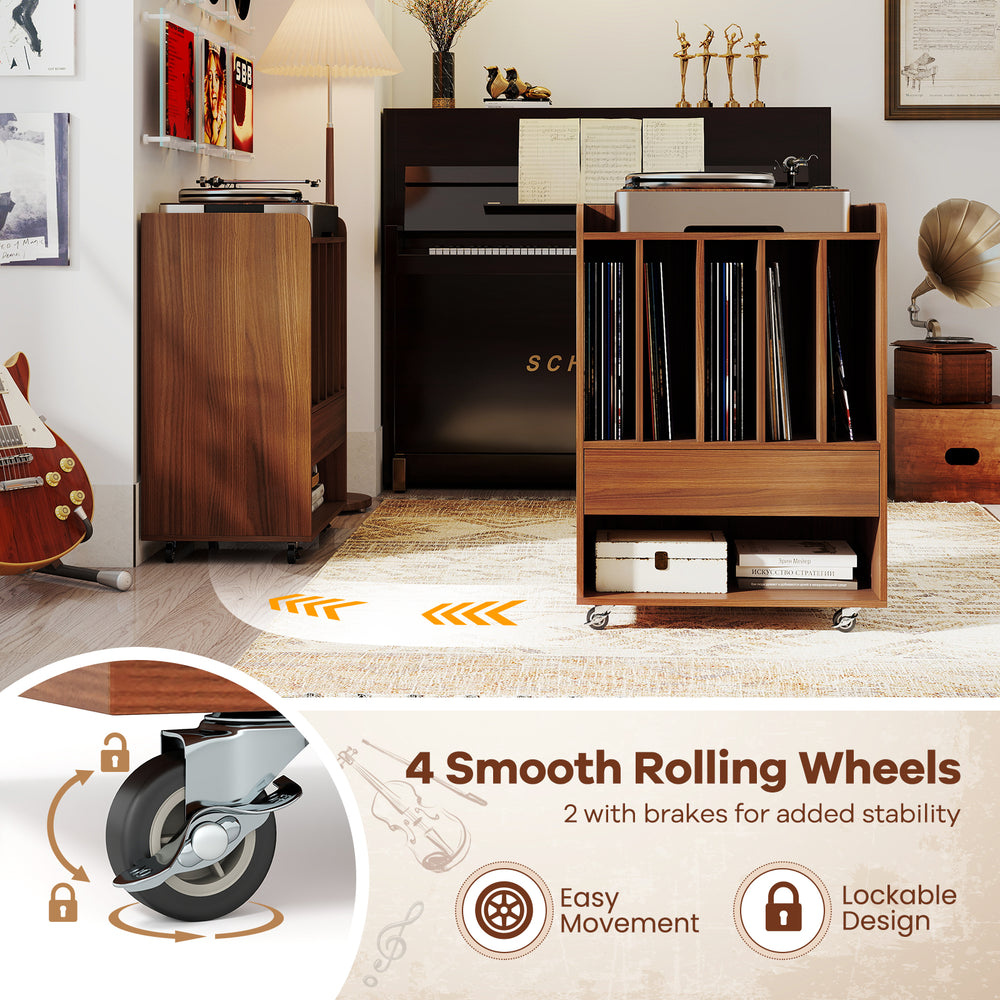 Record player stand in walnut with 5 vinyl dividers, drawer, and 4 lockable wheels for easy movement and stability.
