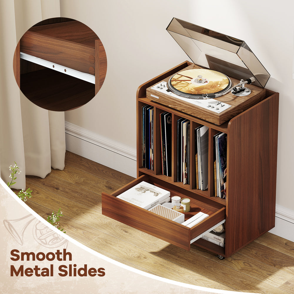 Record player stand in walnut finish with smooth metal slides, drawer, and vinyl storage for living room or bedroom use.
