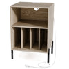 Record player stand in natural finish with open shelf and four storage spaces, featuring charging ports for electronic.