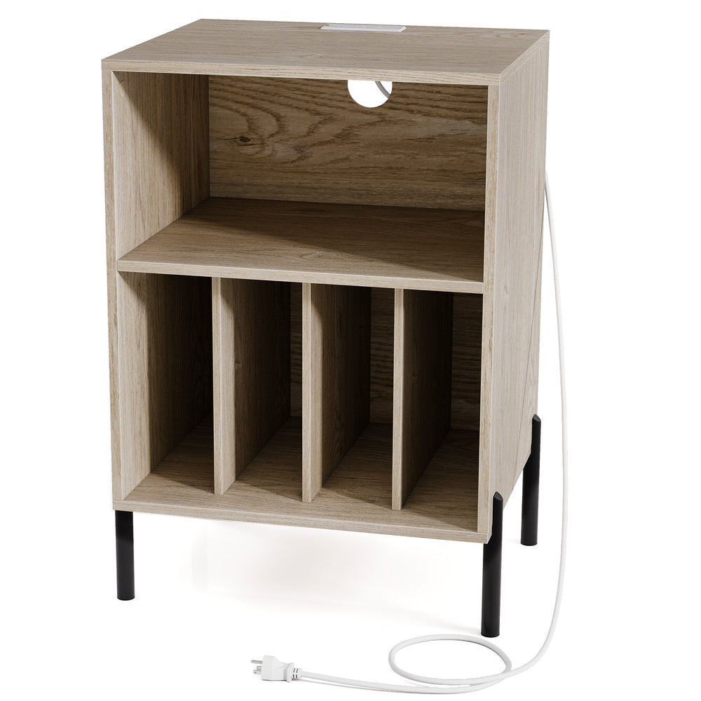 Record player stand in natural finish with open shelf and four storage spaces, featuring charging ports for electronic.