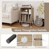 Record player stand with open shelf and charging station, featuring sturdy legs and wire hole for easy device.