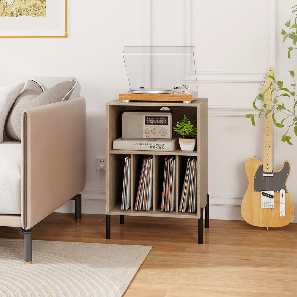 Record player stand in natural finish with open shelf and charging station, perfect for vinyl storage in any room.