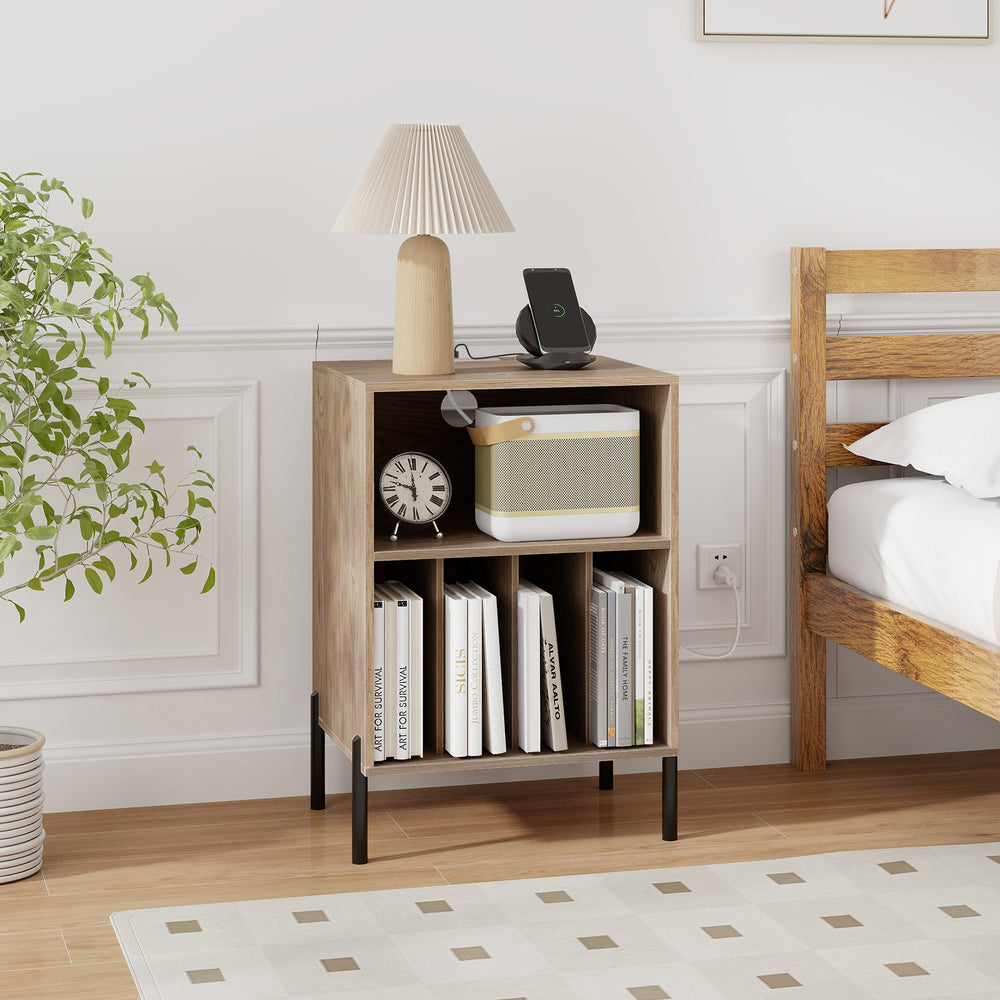 Record player stand in natural finish with open shelf, storage for 150 vinyl records, and charging station for.