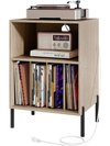 Record player stand showcasing a natural wood design, featuring a waterproof surface and compact storage for vinyl.
