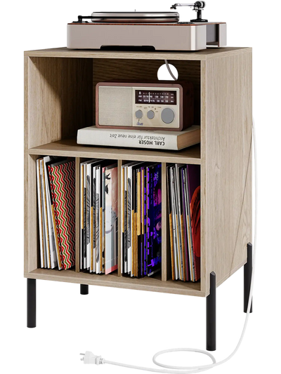 Costway Record Player Stand Side Table w/ Record Storage Charging Station 16382579 New