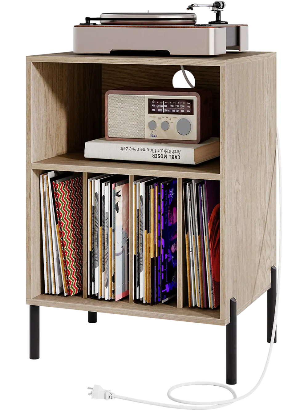 Record player stand showcasing a natural wood design, featuring a waterproof surface and compact storage for vinyl.