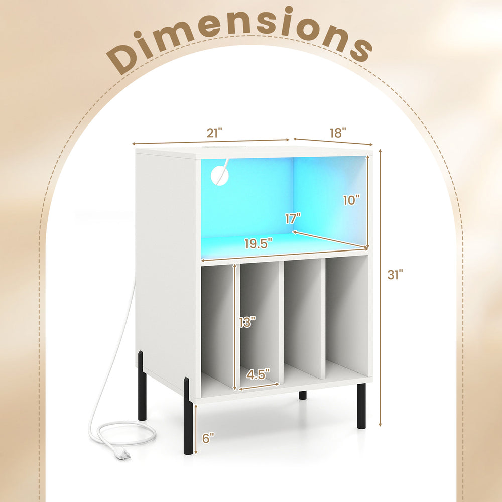 Record player stand with LED light, charging station, and dimensions for versatile audio storage and display.