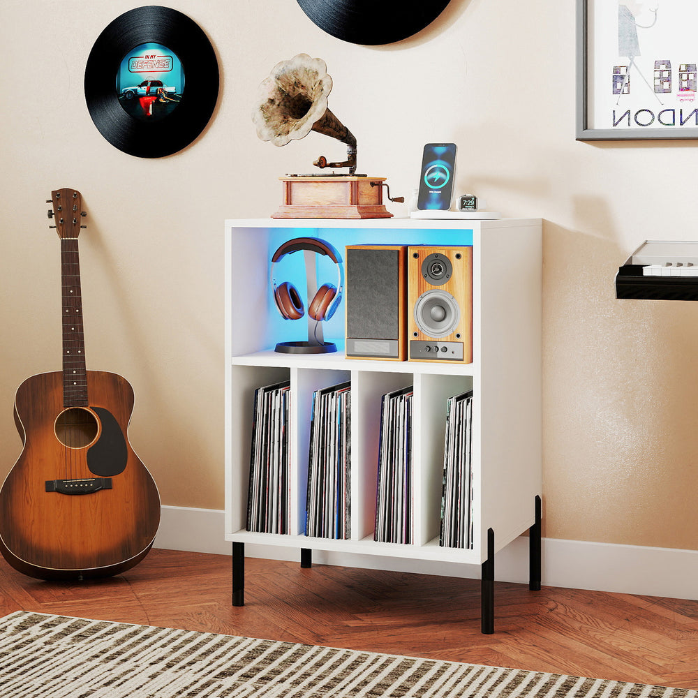 Record Player Stand with LED Light and Charging Station-White - Gallery View 1 of 11