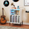Record player stand in white with LED light, charging station, and storage for vinyl records and audio equipment.