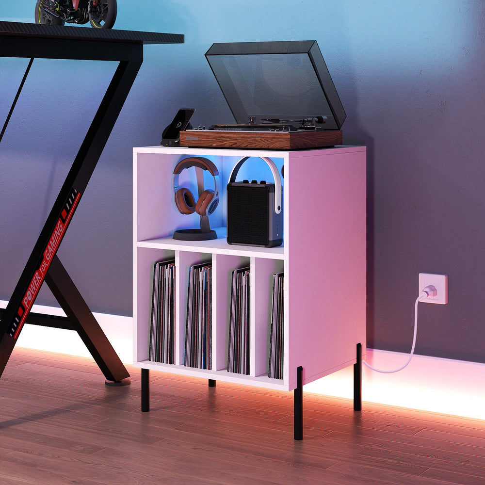 Record player stand in white with LED light, charging station, and storage for vinyl records, perfect for audio.