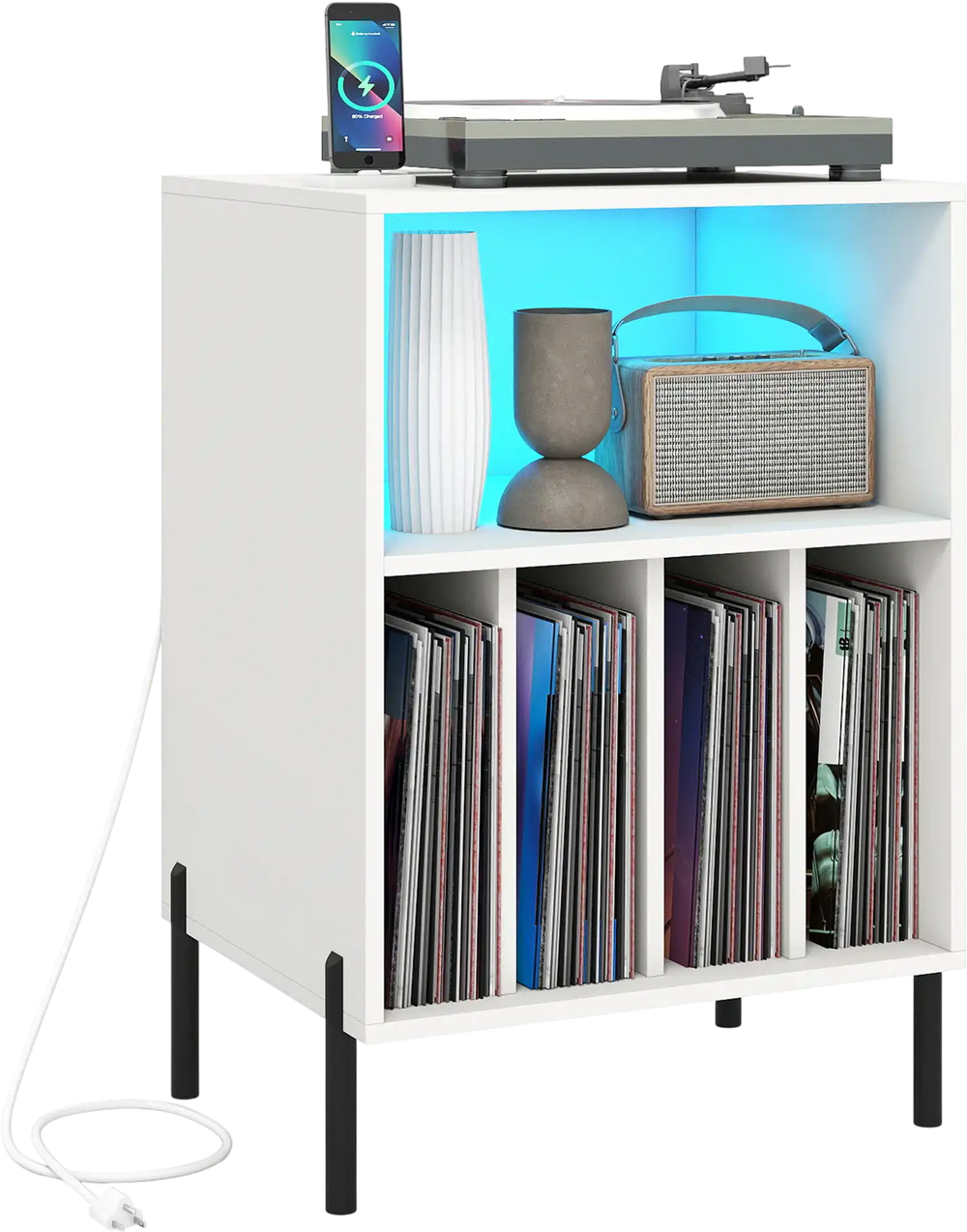 Record player stand in white with LED light, charging station, and storage for vinyl records, featuring sturdy metal.