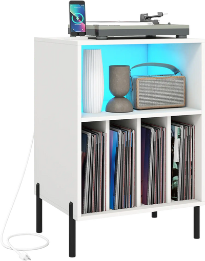 Costway Record Player Stand Side Table LED Light Charging Station 83363086 New