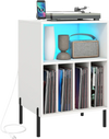 Record player stand in white with LED light, charging station, and storage for vinyl records, featuring sturdy metal.